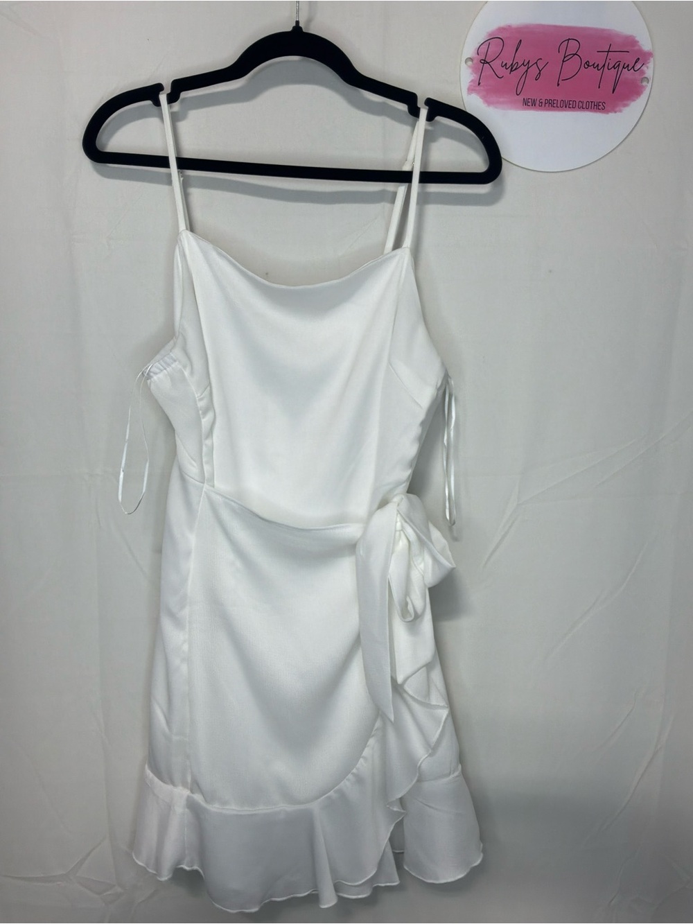 Altar'd State White Satin Mini Dress with Side Bow and Ruffle Hem